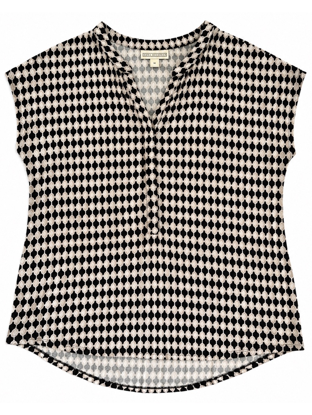 DANA BUCHMAN Womenโs Medium Geometric Print Split Neck Hi Low Blouse Top